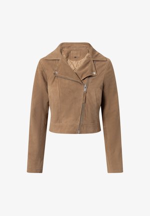 Lichtbruine, gecropte suède jas met een asymmetrische zilveren rits en brede reverskraag, lange mouwen en drukknopdetails.