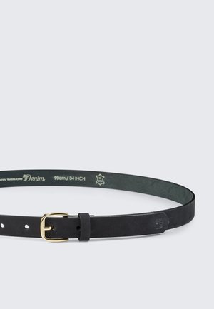 Black leather belt with gold buckle, size 90cm/34 inch, featuring an embossed logo near the end and inner brand text.