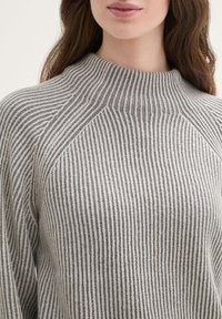 Grijs-wit gestreepte gebreide trui met een hoge, geribbelde halslijn en raglanmouwen, gemaakt van een zachte, gestructureerde stof.