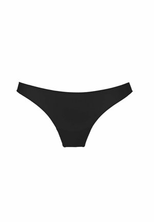 Zwarte bikini broek, gemaakt van soepel stof. Heeft een low-rise ontwerp met dunne zijkanten en minimale bedekking. Geen patronen of accenten.