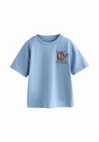 Hellblaues Baumwoll-T-Shirt mit kurzen Ärmeln, auf der Brust mit einer Hubschraubergrafik und dem mehrfarbigen Stickereitext "UP+AWAY" verziert.