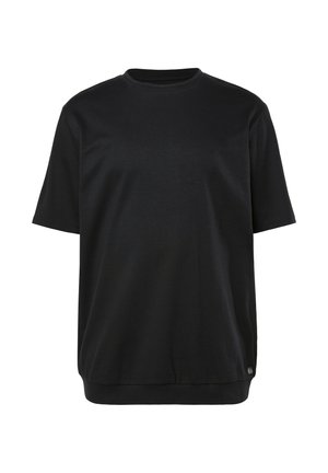 Sort T-shirt med korte ærmer lavet af blød bomuld. Har en rund hals og en afslappet pasform. Lige kant med minimal detaljering.