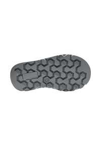 Sole di scarpa in gomma grigia con un motivo esagonale, dotata di scanalature per una migliore aderenza e un accento rettangolare vicino al centro.