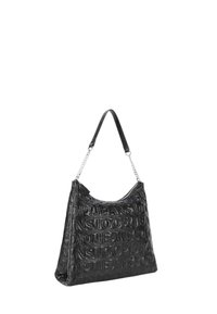 Borsa nera realizzata in materiale testurizzato, con un motivo a logo in rilievo e una tracolla a catena. Progettata con una forma morbida.