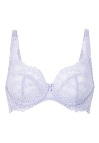 Helles lila Spitzen-BH mit aufwendigen Blumenmustern, Unterst&uuml;tze mit Draht, einem glatten Band und dekorativen Kn&ouml;pfen in der Mitte.