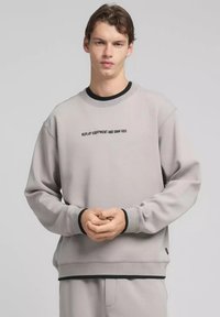 Felpa grigio chiaro con collo a giro, maniche lunghe e testo nero "REPLAY-EQUIPMENT AND DNM GODS" sul davanti. Polsini e orlo neri.