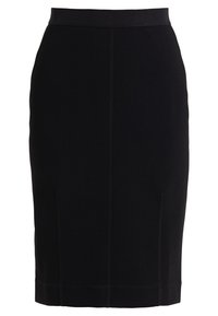 Svart blyertskjol med en slät tygtextur, elastisk midjeresår och sidodelar. Klassisk rak form, knälång design.