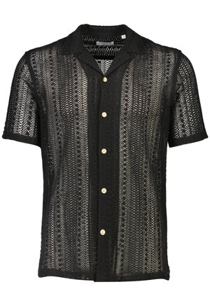 Camicetta nera a maniche corte realizzata in tessuto a maglia aperta, con colletto, chiusura frontale con bottoni e un design testurizzato e a disegni.
