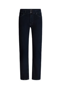 Jeans straight leg di colore blu scuro in denim. Presentano un design a cinque tasche, chiusura con un bottone e cuciture a contrasto lungo le cuciture.