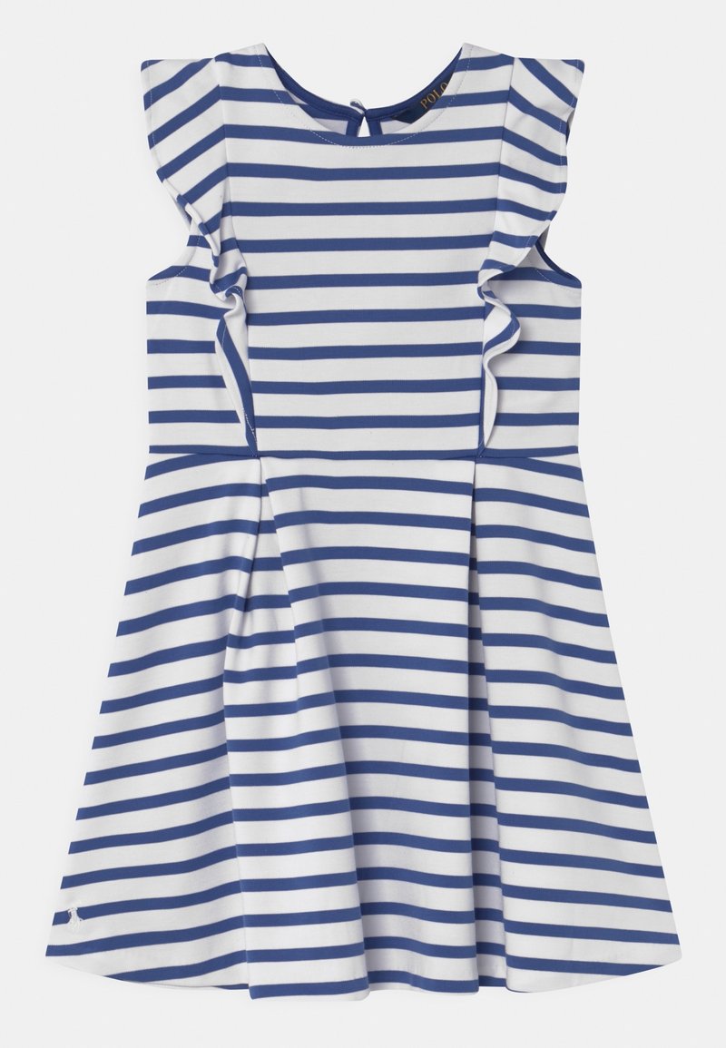 Abito bianco con righe orizzontali blu, dotato di maniche a sbuffo arricciate e gonna a ruota, presentato su uno sfondo neutro.