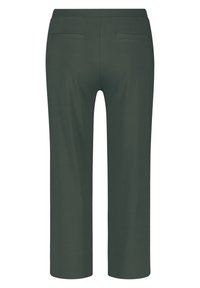 Pantalon vert à coupe droite en tissu lisse, avec deux poches arrière et un design épuré et minimaliste.