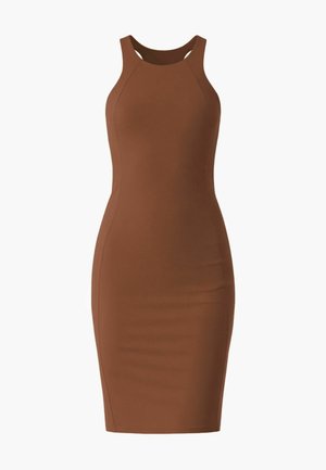 Abito midi marrone senza maniche, aderente, con collo alto e stile a schiena scoperta, realizzato in tessuto liscio ed elastico.