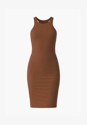 Abito midi marrone senza maniche, aderente, con collo alto e stile a schiena scoperta, realizzato in tessuto liscio ed elastico.