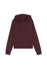 Felpa con cappuccio marsala con zip, realizzata in tessuto morbido, con cappuccio con coulisse, tasche a marsupio e logo in rilievo sul petto.