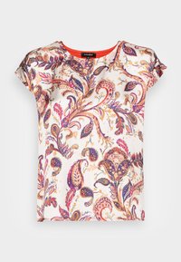 Kortærmet skjorte med et blomster-paisley mønster i livlige nuancer af pink, lilla og guld på en lys baggrund. Glat stof med rund halsudskæring.