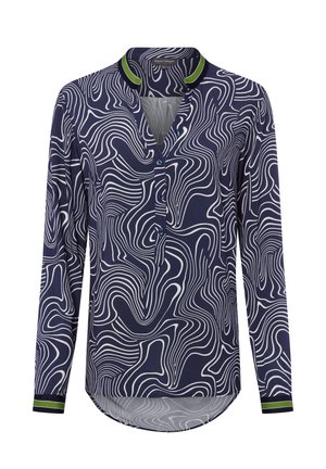 Navy long-sleeve shirt with white wavy pattern, snap placket, and green accent at the collar and cuffs. Soft fabric with a relaxed fit.