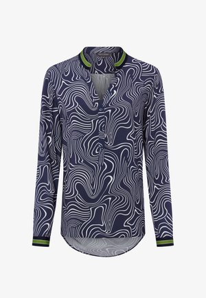Maglietta a maniche lunghe blu navy con motivo ondulato bianco, patta con bottoni a scatto e dettaglio verde su colletto e polsini. Tessuto morbido con vestibilità comoda.