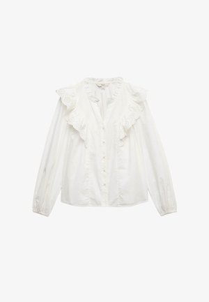 Weiße Bluse mit langen Ärmeln, durchgehender Knopfleiste, gerafftem V-Ausschnitt und Lochspitzendetails entlang der Schultern und der Brust.