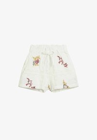 Pantalones cortos blancos de algodón con bordados de pájaros y motivos florales, con cintura ajustable con cordón y un delicado diseño de tela similar al encaje.