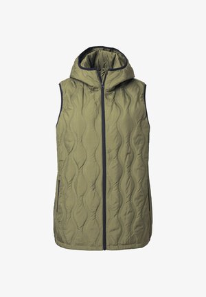 Vihreä oliivinvärinen pehmeä liivi, jossa on huppu, teksturoitu sahalaitakuosi ja laivastonsininen vetoketju. Ilman hihoja, sivutaskut mukana.