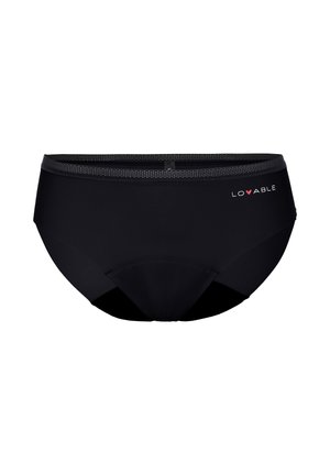 Slip neri da donna realizzati in tessuto morbido, con una fascia in rete in vita e un piccolo logo rosso sul lato sinistro.