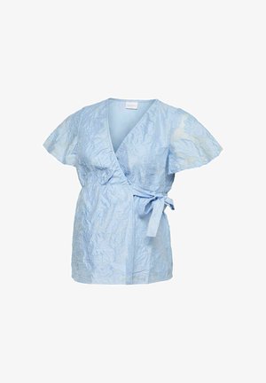 Lichtblauwe, gestructureerde wikkelblouse met korte, zwierige mouwen en een strik aan de zijkant van de taille.