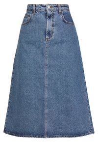 Džínová áčková sukně světle modré barvy, s vysokým pasem, předním zipem a dvěma bočními kapsami, s jemným švem.