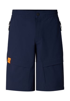 Navy blue knee-length shorts with elastic waistband, black button, zippered side pockets, and an orange rectangular patch on the left leg.