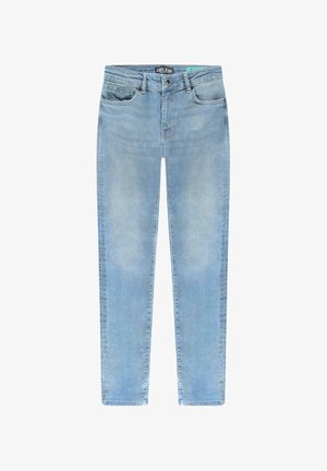 Lichtblauwe spijkerbroek met een rechte pasvorm, vijf zakken, subtiele vervaging en een knoopsluiting. Merkenlabel zichtbaar op de tailleband.