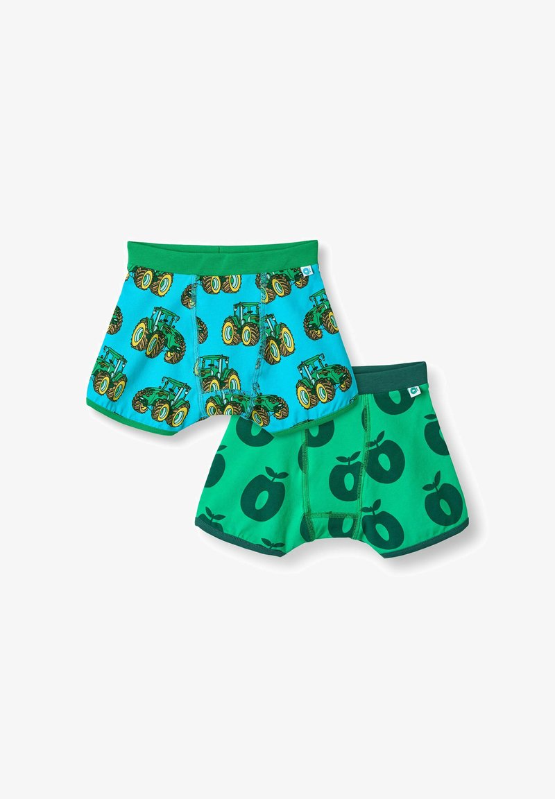 Kaks paari laste bokserpükse; üks türkiissinine roheline traktoriprindiga, teine roheline tumeroheliste õunamustriga. Rohelised vööosad.