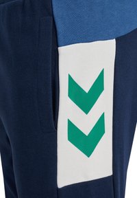 Navyblauwe joggingbroek met een lichtblauwe bovenste sectie en een witte zijpaneel met groene chevron grafische elementen. Zachte stof; zijzakken aanwezig.