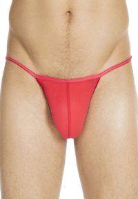 Rote Herren-Thong-Unterwäsche aus elastischem Material, mit einem minimalistischen Design und dünnen Trägern. Glatte Textur mit einem eleganten Finish.