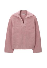 Hellrosa gestrickter Pullover mit tiefem V-Ausschnitt und breitem Kragen, ausgestattet mit gerippten Bündchen und Saum, strukturiertem Stoff und einem lockeren Schnitt.