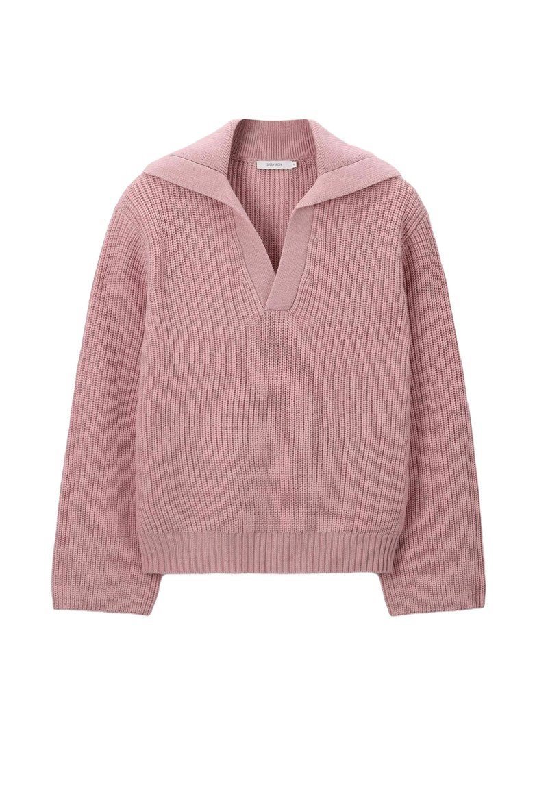 Hellrosa gestrickter Pullover mit tiefem V-Ausschnitt und breitem Kragen, ausgestattet mit gerippten Bündchen und Saum, strukturiertem Stoff und einem lockeren Schnitt.