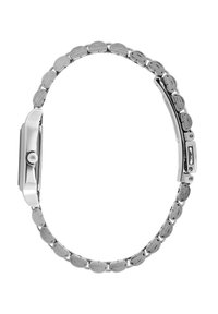 Orologio in metallo argento con una cassa rettangolare liscia. Maglie ovali formano il bracciale regolabile, caratterizzato da una finitura lucida e una chiusura.