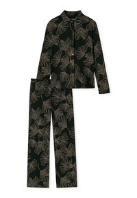 Black pajama set with long-sleeve button-up top and matching pants, featuring a gold ginkgo leaf pattern throughout. Soft fabric with a relaxed fit.