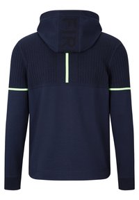 Hoodie bleu marine avec texture côtelée sur les épaules, accents vert fluo et motif à rayures verticales. Il est doté d'une capuche avec cordon de serrage et de manches longues.