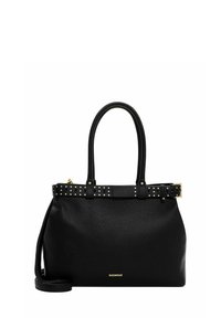 Borsa a mano in pelle nera con superficie testurizzata, manici corti e tracolla borchiata. Presenta dettagli in metallo color oro e marchio posizionato in basso.