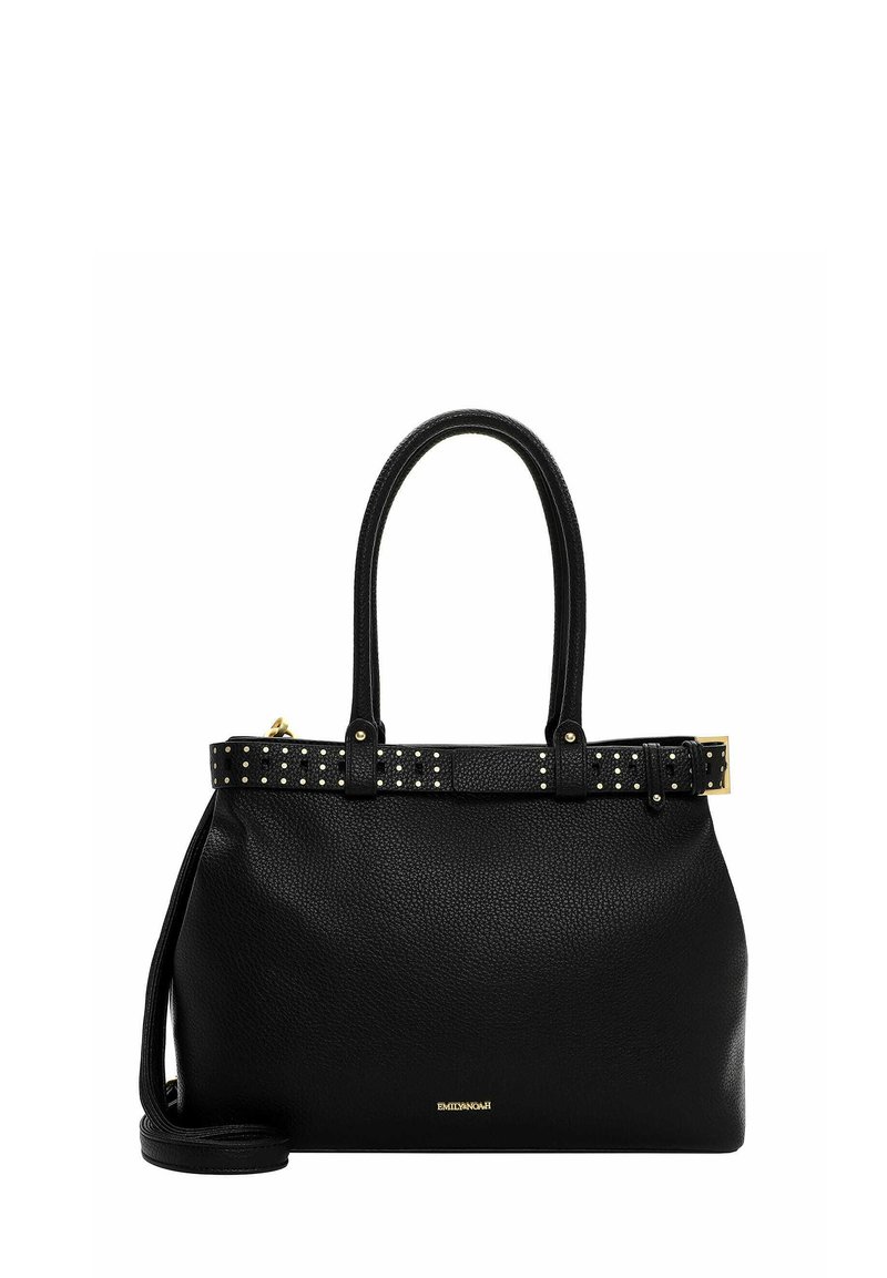 Borsa a mano in pelle nera con superficie testurizzata, manici corti e tracolla borchiata. Presenta dettagli in metallo color oro e marchio posizionato in basso.