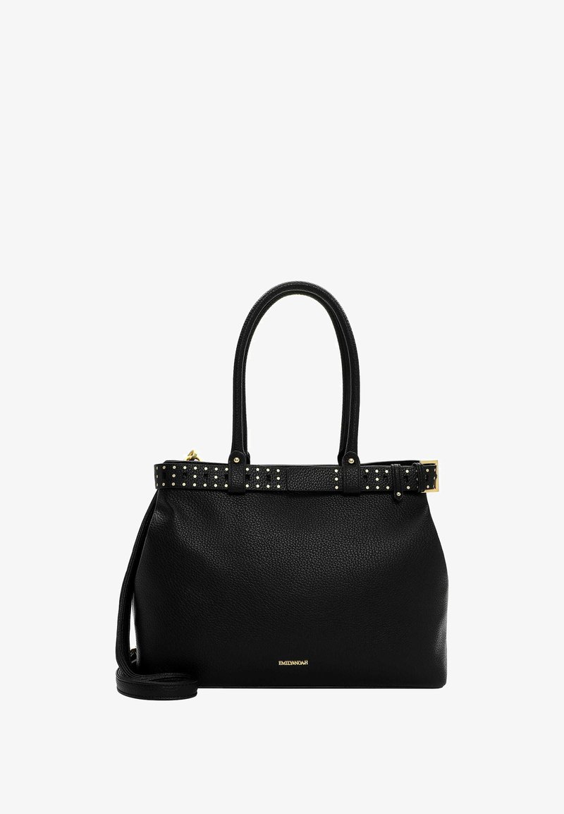 Borsa a mano in pelle nera con superficie testurizzata, manici corti e tracolla borchiata. Presenta dettagli in metallo color oro e marchio posizionato in basso.