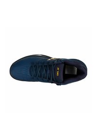 Navy blue athletic shoe with a textured design, laces, and a cushioned collar. Features a gold logo and a durable rubber sole.