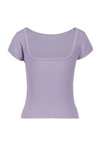 Haut à manches courtes à côtes en lavande clair. Doté d'un large décolleté carré et d'une silhouette ajustée. Texture douce et matériau extensible.