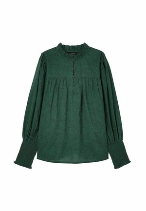 Grüne Paisley-Print-Bluse mit einem rüschierten Kragen, fünf Knöpfen vorne und gesmokten Bündchen an den langen Ärmeln. Weicher, strukturierter Stoff.