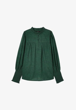 Grüne Paisley-Print-Bluse mit einem rüschierten Kragen, fünf Knöpfen vorne und gesmokten Bündchen an den langen Ärmeln. Weicher, strukturierter Stoff.