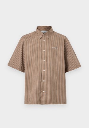 Καφέ και εκρού κοντομάνικο πουκάμισο με κουμπιά, με σχέδιο πλέγματος, γιακά και κεντημένο λογότυπο στο αριστερό στήθος.
