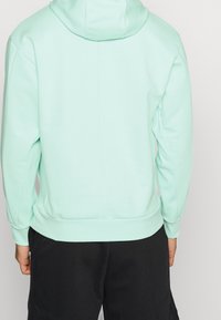 Sweat à capuche vert menthe avec une texture lisse, une coupe décontractée, et des poignets et ourlet côtelés. Vue de dos montrant la simplicité du design.