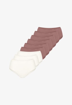 Acht Paar Baumwoll-Slips mit hohem Bund in zwei Farben: vier in hellbeige und vier in gedämpftem Burgunderrot. Glatte Textur, elastischer Bund.