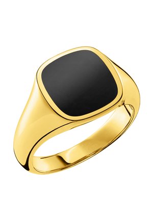Goldener Siegelring mit einem glatten Band und einem großen, flachen, quadratischen schwarzen Onyx-Stein oben.