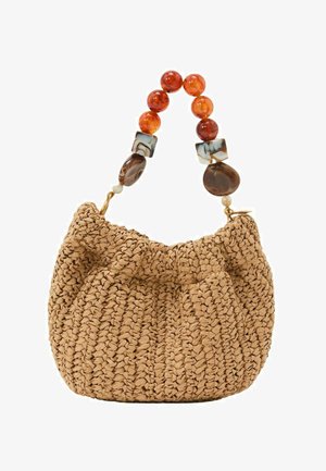 Pruuni looduslike toonidega kootud käekott, mille sang on valmistatud suurtest ümmargustest ja ebaregulaarsetest merevaigu- ja pruunidest helmestest.