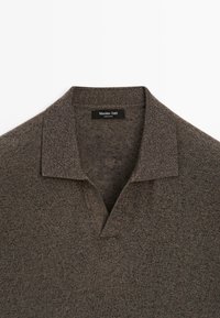 Brown knitted polo shirt with collar and V-neck opening, labeled Massimo Dutti, laid flat on a white background.